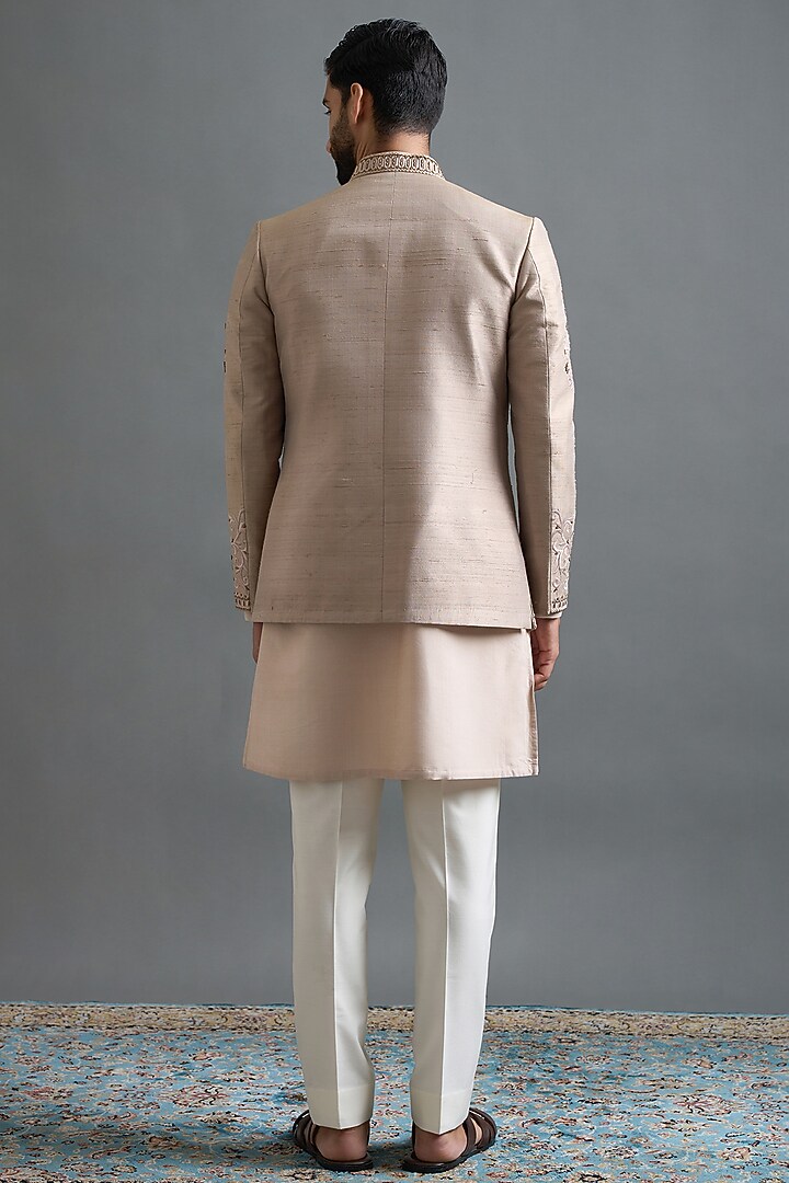 Beige Raw Silk Hand & Machine Embroidered Jacket Set by Gargee Designers at Pernia's Pop Up Shop