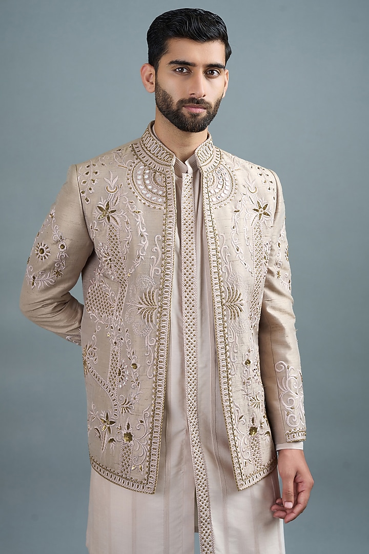 Beige Raw Silk Hand & Machine Embroidered Jacket Set by Gargee Designers at Pernia's Pop Up Shop