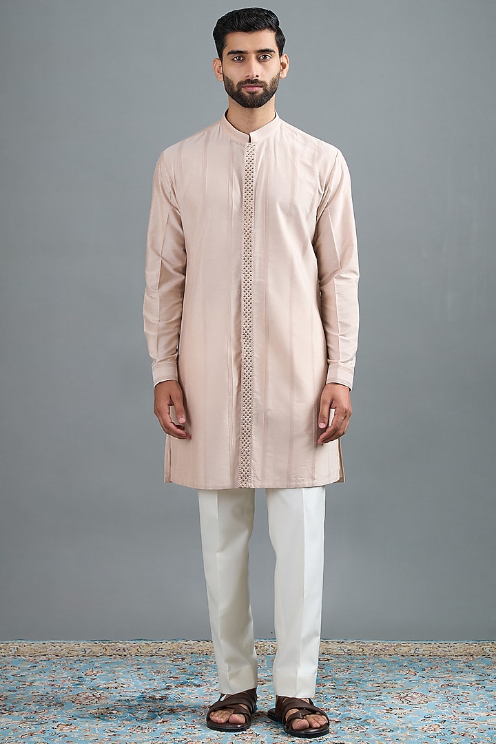 Beige Raw Silk Hand & Machine Embroidered Jacket Set by Gargee Designers at Pernia's Pop Up Shop