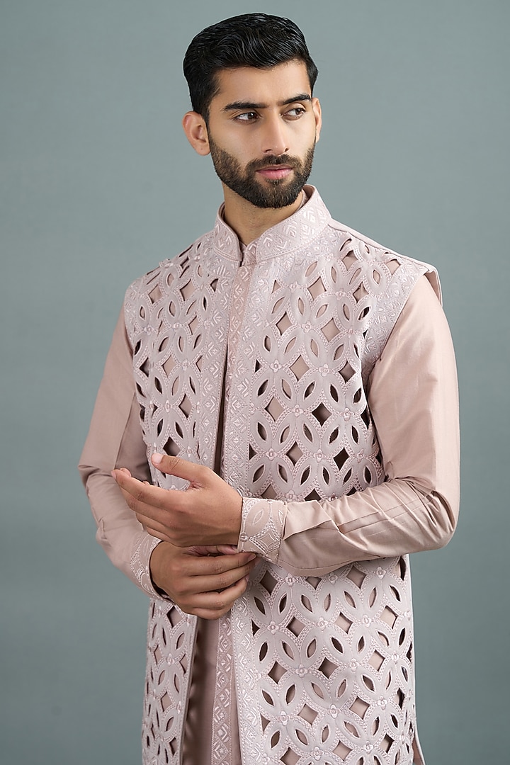 Blush-Toned Suede Cutwork Bundi Jacket Set by Gargee Designers at Pernia's Pop Up Shop