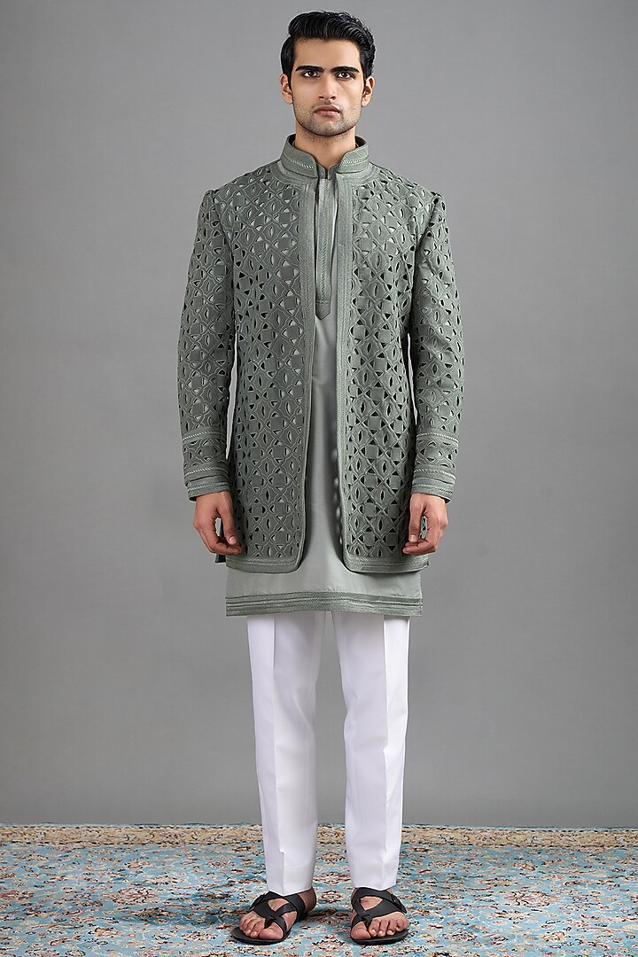Sage Green Suede Cutwork Bundi Jacket Set by Gargee Designers at Pernia's Pop Up Shop