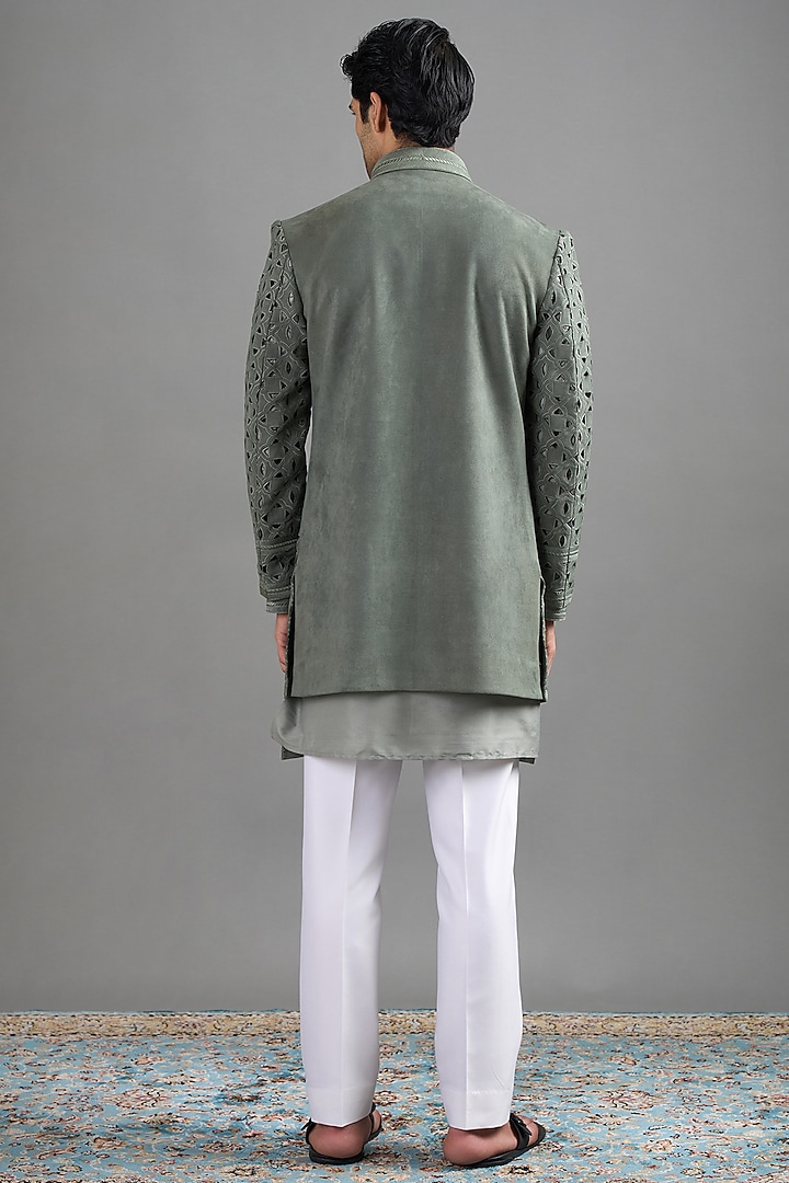 Sage Green Suede Cutwork Bundi Jacket Set by Gargee Designers at Pernia's Pop Up Shop