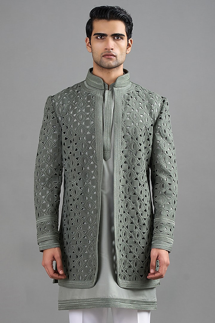 Sage Green Suede Cutwork Bundi Jacket Set by Gargee Designers at Pernia's Pop Up Shop