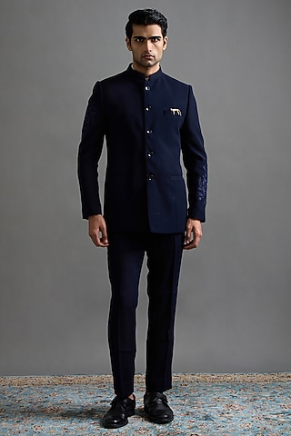 Midnight Blue Polyester Hand Embroidered Jodhpuri Set by Gargee Designers