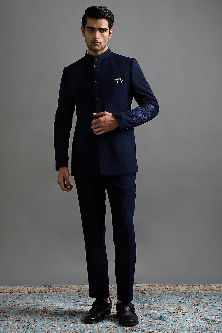 Midnight Blue Polyester Hand Embroidered Jodhpuri Set by Gargee Designers at Pernia's Pop Up Shop