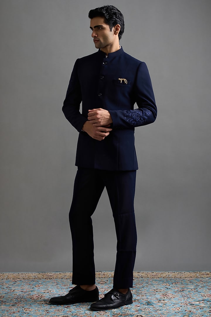 Midnight Blue Polyester Hand Embroidered Jodhpuri Set by Gargee Designers at Pernia's Pop Up Shop