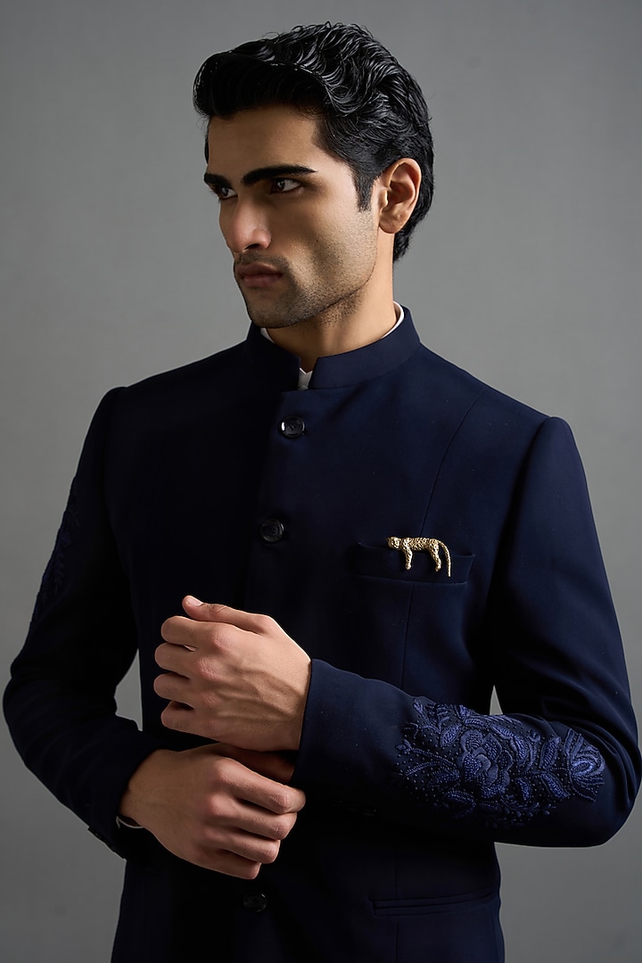 Midnight Blue Polyester Hand Embroidered Jodhpuri Set by Gargee Designers at Pernia's Pop Up Shop