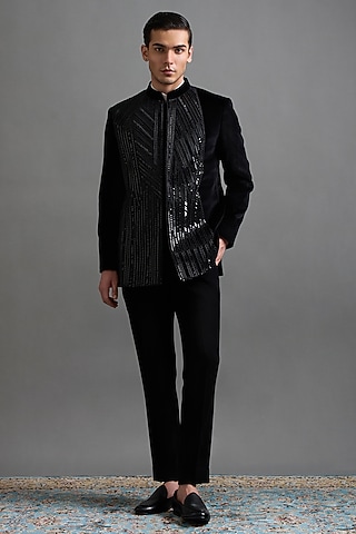 Jet Black Velvet Cutdana Embroidered Jodhpuri Set by Gargee Designers