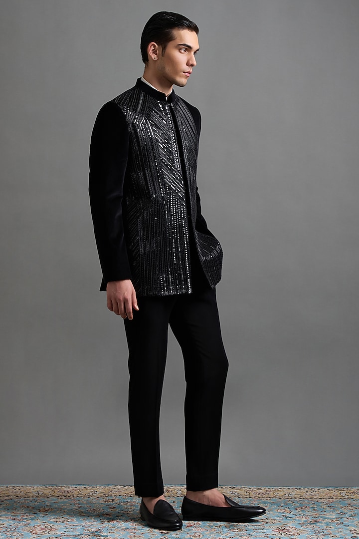 Jet Black Velvet Cutdana Embroidered Jodhpuri Set by Gargee Designers at Pernia's Pop Up Shop