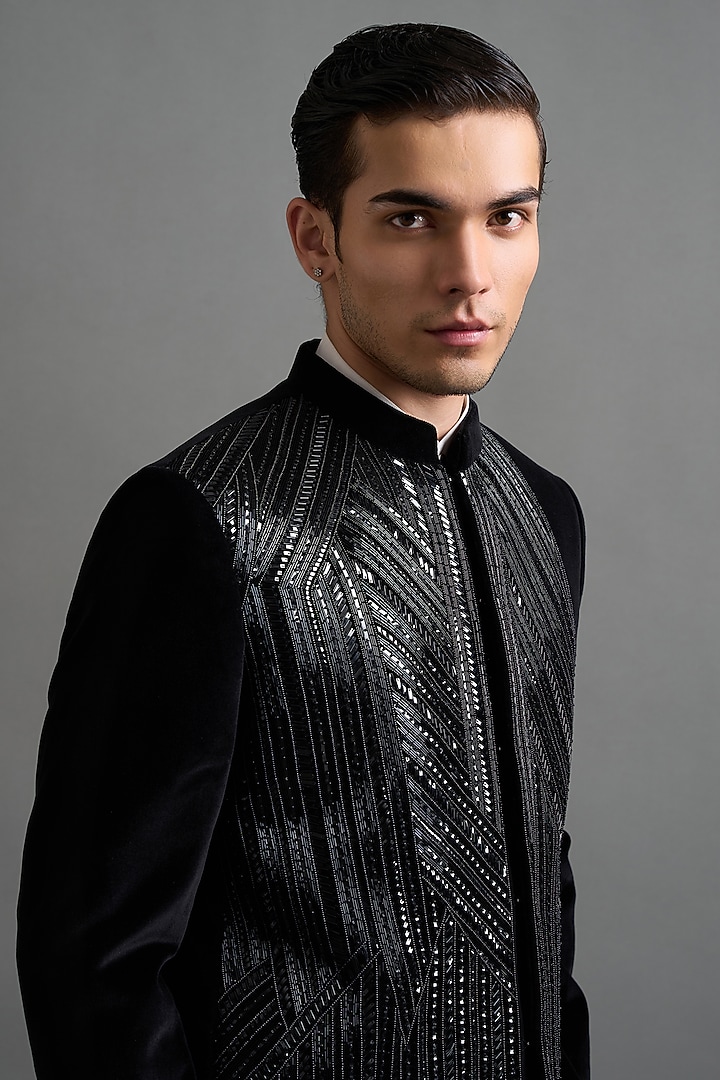 Jet Black Velvet Cutdana Embroidered Jodhpuri Set by Gargee Designers at Pernia's Pop Up Shop
