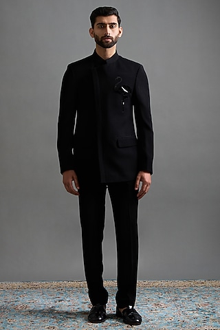 Black Polyester Motif Embroidered Jodhpuri Set by Gargee Designers