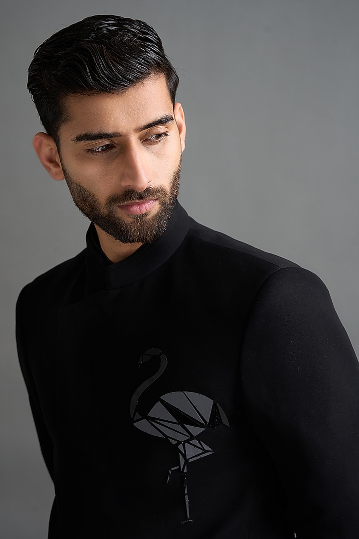 Black Polyester Motif Embroidered Jodhpuri Set by Gargee Designers at Pernia's Pop Up Shop