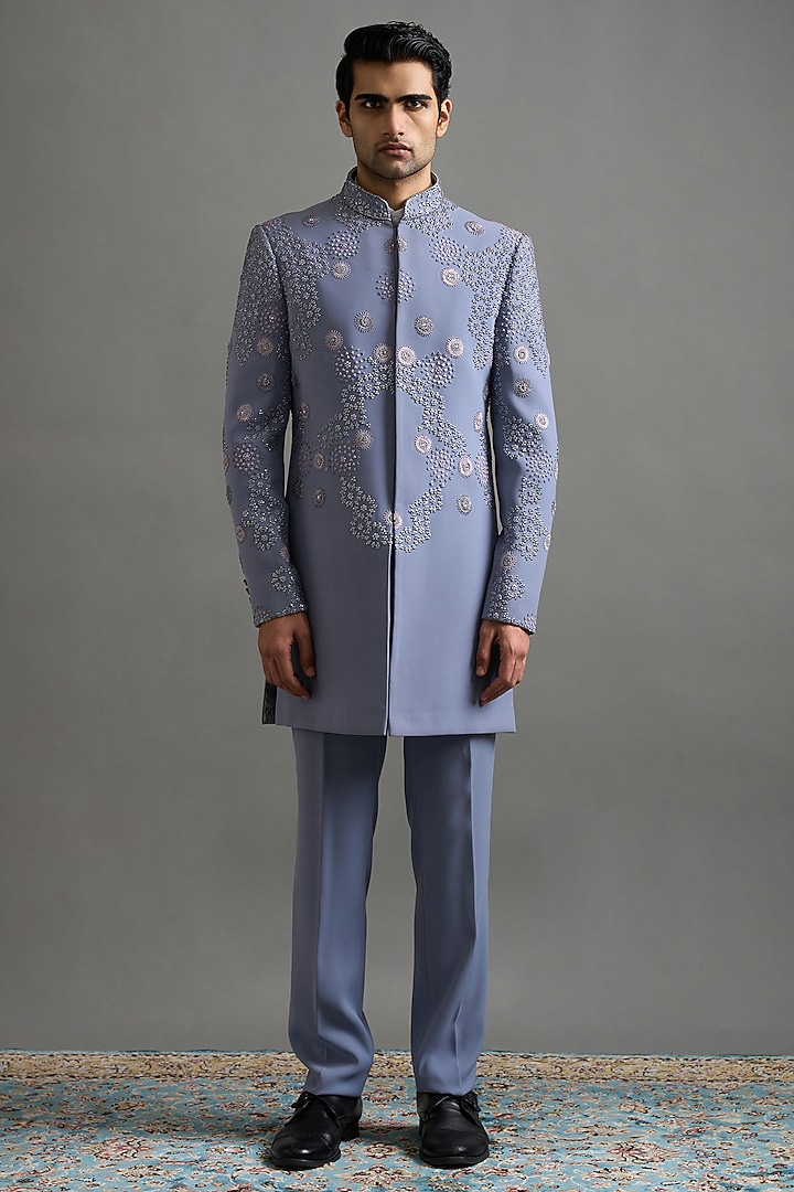 Powder Blue Polyester Motifs Embroidered Wedding Indowestern Set by Gargee Designers at Pernia's Pop Up Shop
