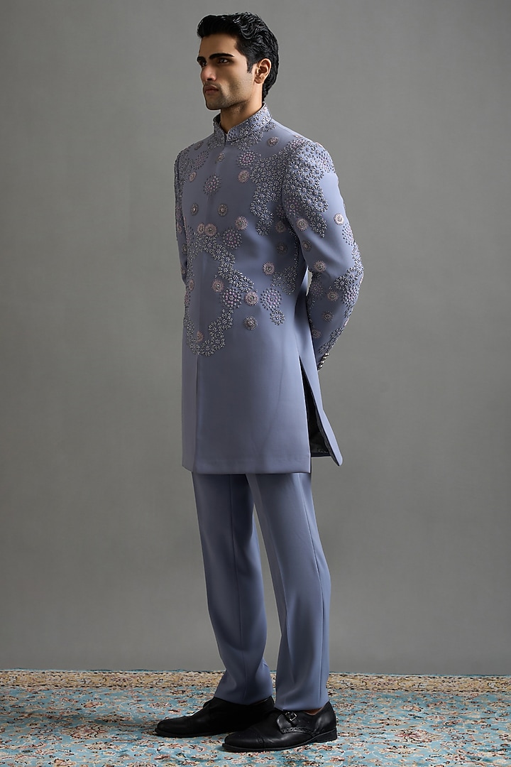 Powder Blue Polyester Motifs Embroidered Wedding Indowestern Set by Gargee Designers at Pernia's Pop Up Shop