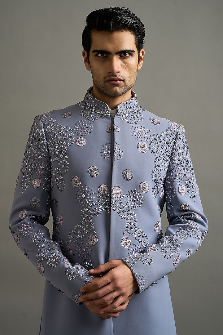 Powder Blue Polyester Motifs Embroidered Wedding Indowestern Set by Gargee Designers at Pernia's Pop Up Shop