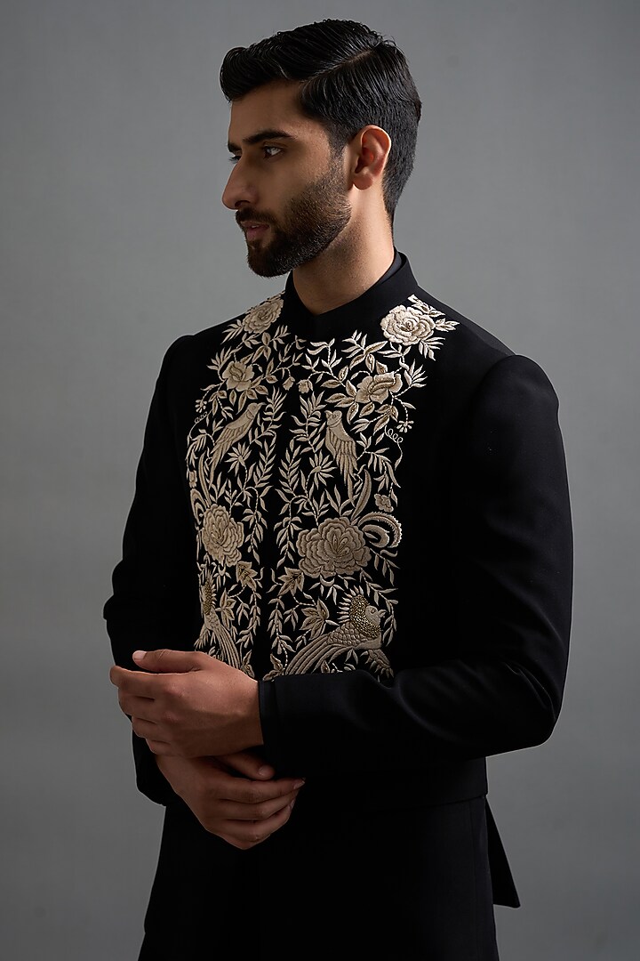 Black Velvet Hand & Machine Embroidered Jodhpuri Set by Gargee Designers at Pernia's Pop Up Shop