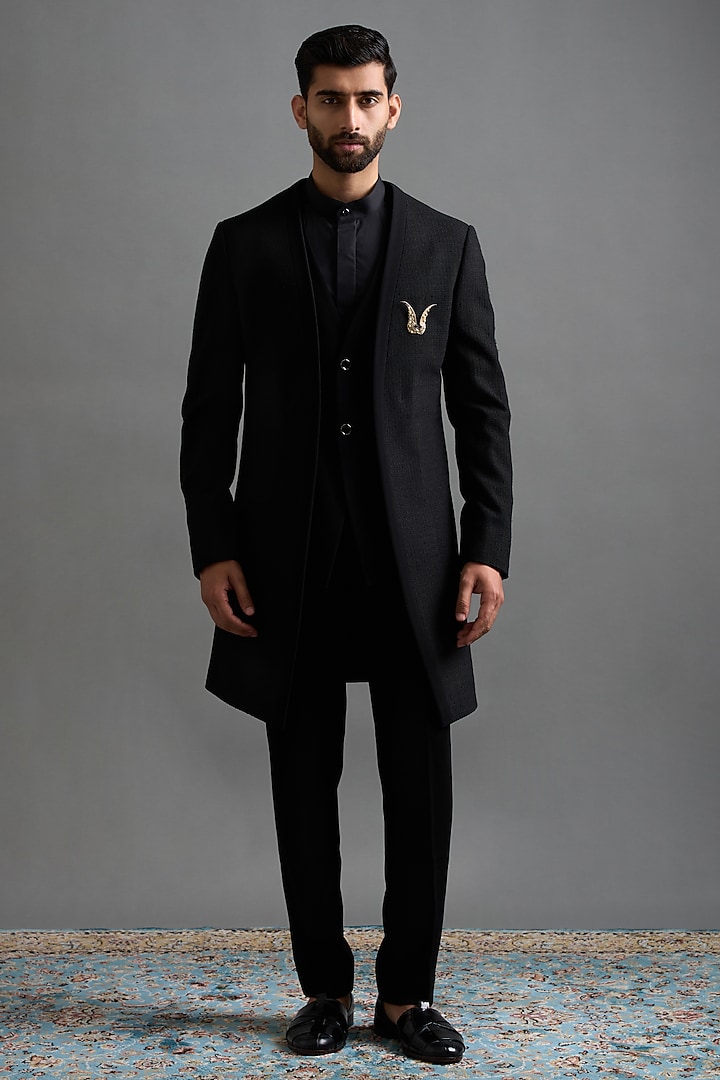 Black Jacquard Wedding Indowestern set by Gargee Designers at Pernia's Pop Up Shop