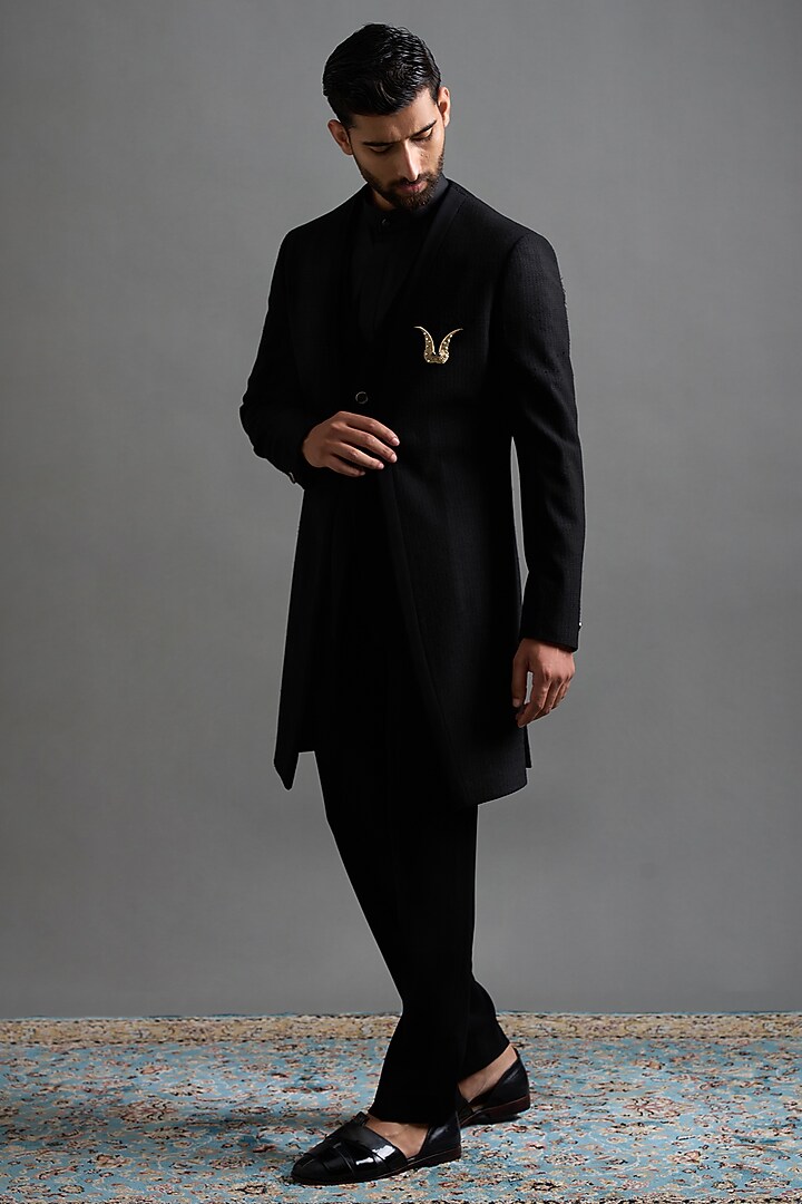 Black Jacquard Wedding Indowestern set by Gargee Designers at Pernia's Pop Up Shop