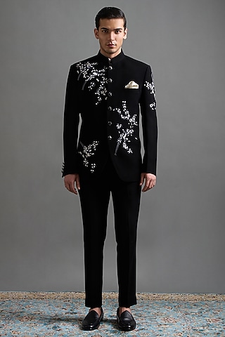 Black Polyester Hand Embroidered Jodhpuri Set by Gargee Designers