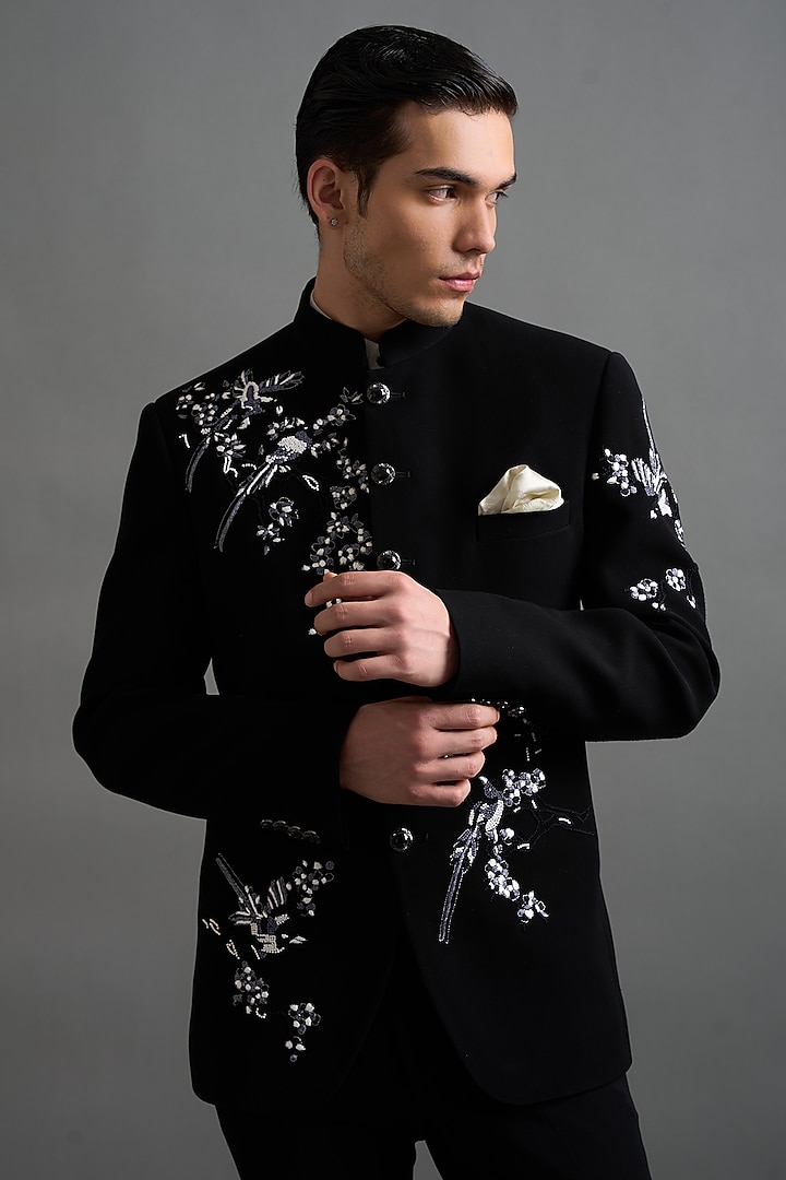 Black Polyester Hand Embroidered Jodhpuri Set by Gargee Designers at Pernia's Pop Up Shop