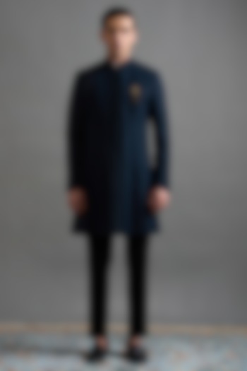 Teal Blue Jacquard Wedding Indowestern Set by Gargee Designers at Pernia's Pop Up Shop