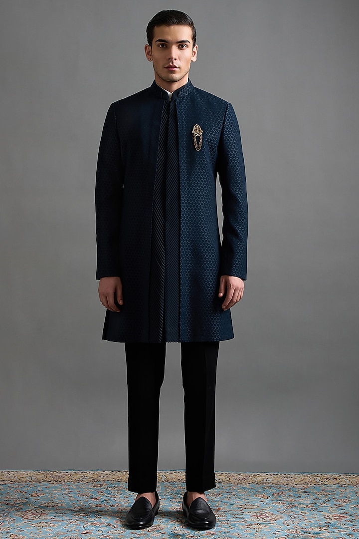 Teal Blue Jacquard Wedding Indowestern Set by Gargee Designers at Pernia's Pop Up Shop