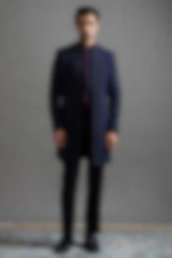 Navy Blue Jacquard Handwork Wedding Indowestern Set by Gargee Designers at Pernia's Pop Up Shop