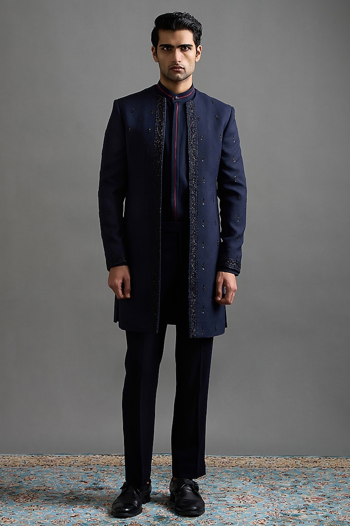 Navy Blue Jacquard Handwork Wedding Indowestern Set by Gargee Designers at Pernia's Pop Up Shop