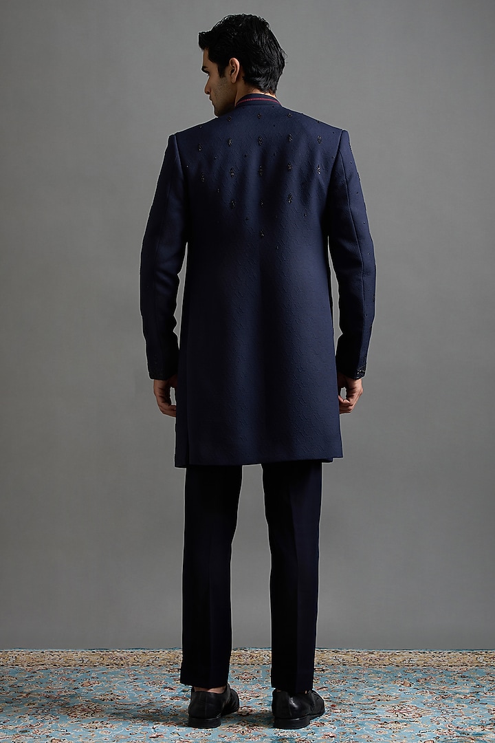 Navy Blue Jacquard Handwork Wedding Indowestern Set by Gargee Designers at Pernia's Pop Up Shop