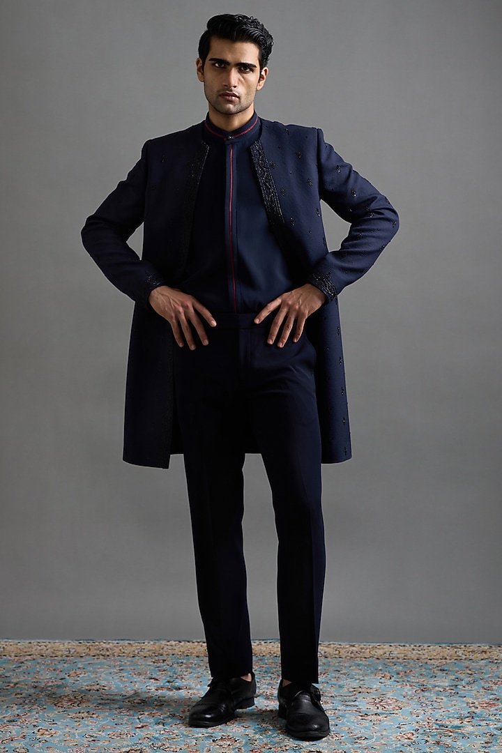 Navy Blue Jacquard Handwork Wedding Indowestern Set by Gargee Designers at Pernia's Pop Up Shop