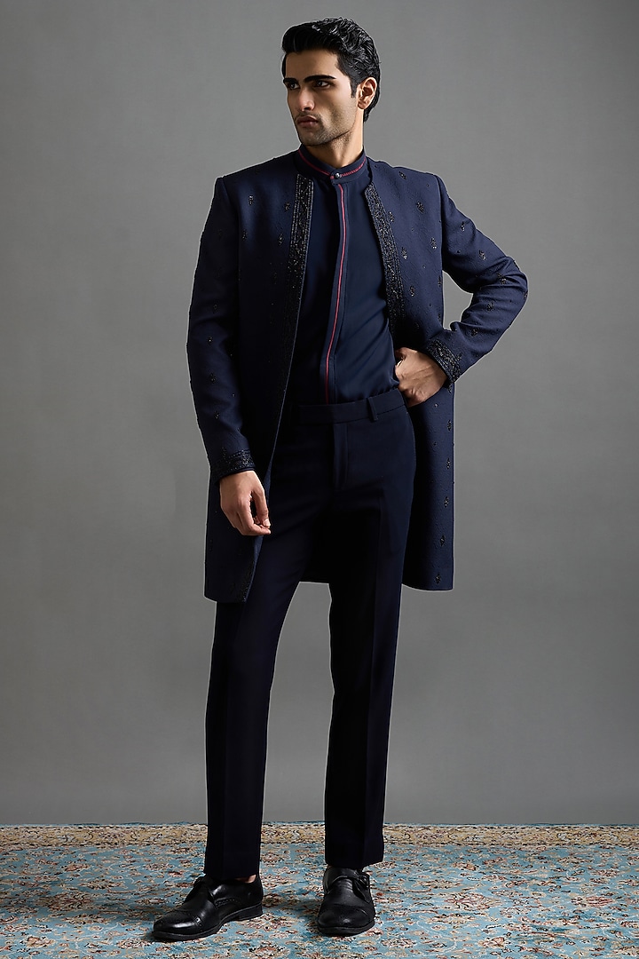 Navy Blue Jacquard Handwork Wedding Indowestern Set by Gargee Designers at Pernia's Pop Up Shop
