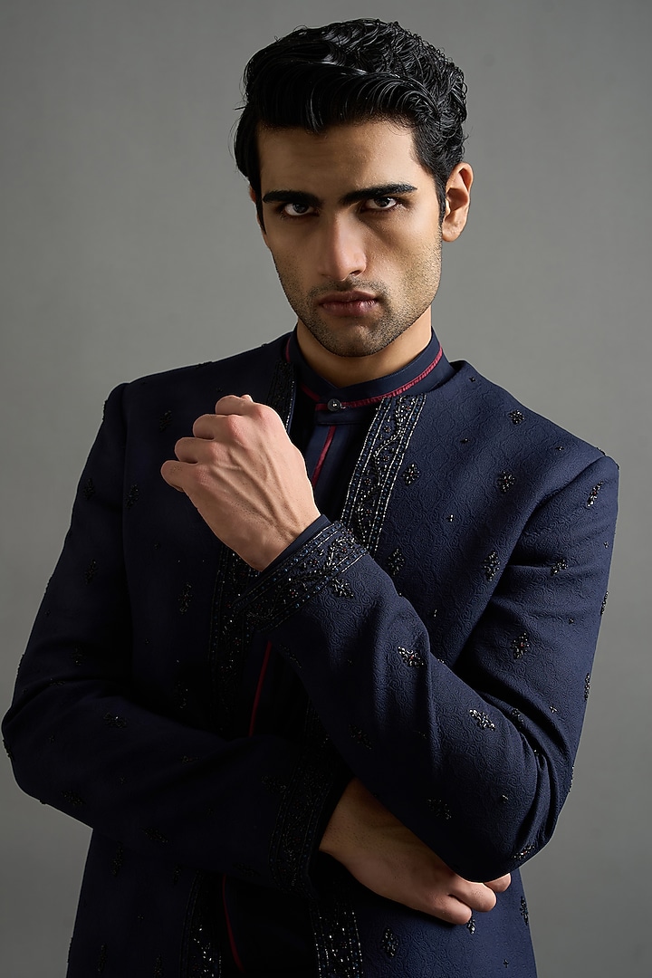Navy Blue Jacquard Handwork Wedding Indowestern Set by Gargee Designers at Pernia's Pop Up Shop
