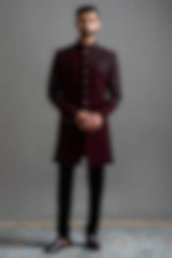 Deep Maroon Polyester Hand Embroidered Wedding Indowestern Set by Gargee Designers at Pernia's Pop Up Shop