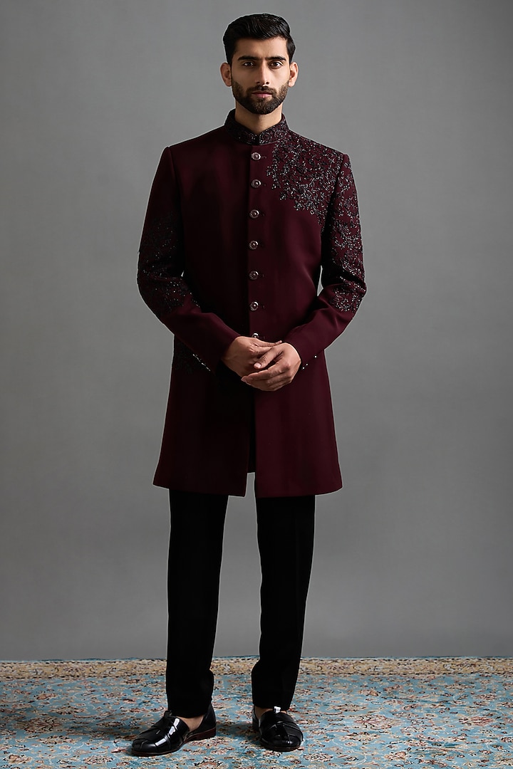 Deep Maroon Polyester Hand Embroidered Wedding Indowestern Set by Gargee Designers at Pernia's Pop Up Shop