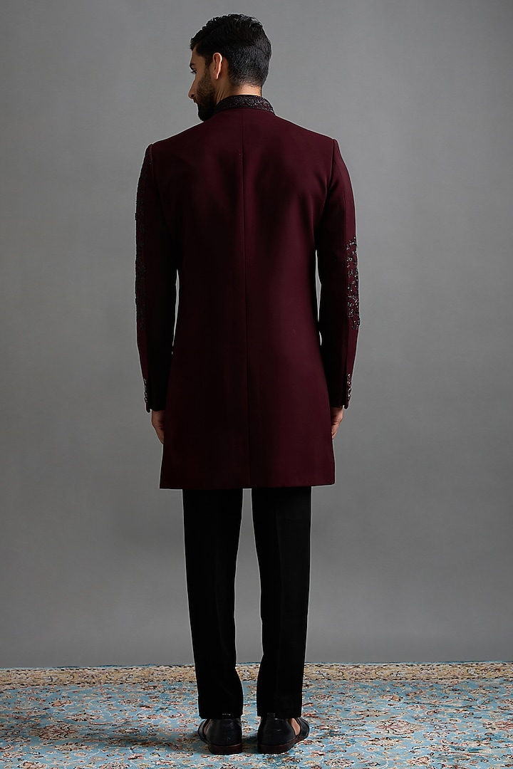 Deep Maroon Polyester Hand Embroidered Wedding Indowestern Set by Gargee Designers at Pernia's Pop Up Shop