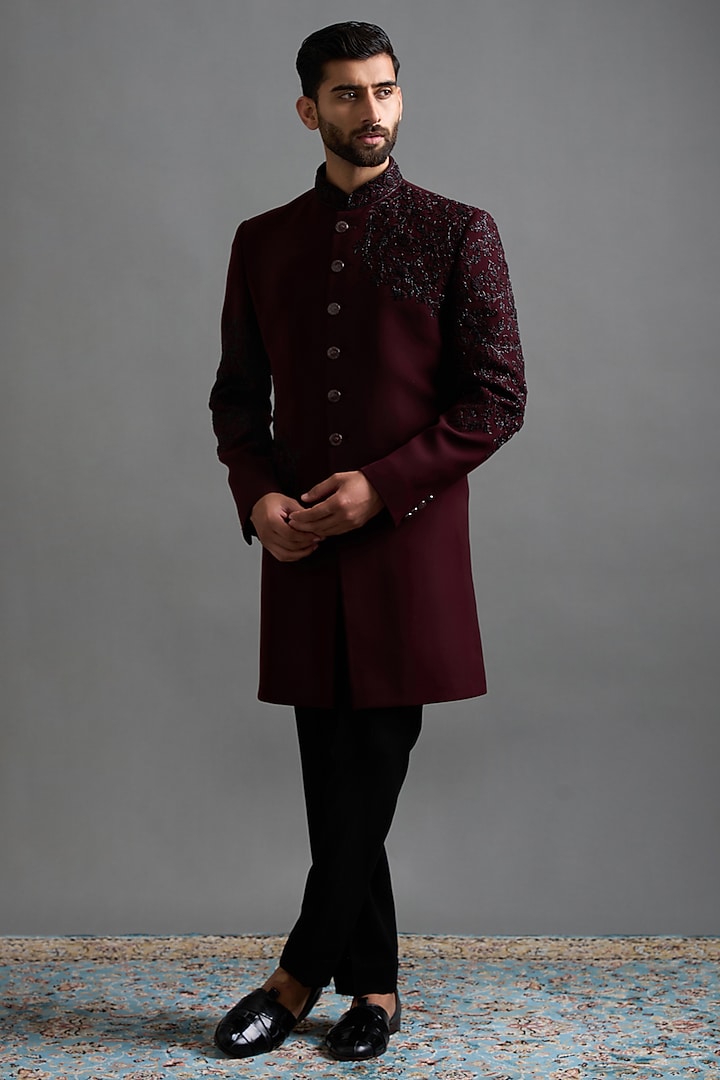 Deep Maroon Polyester Hand Embroidered Wedding Indowestern Set by Gargee Designers at Pernia's Pop Up Shop