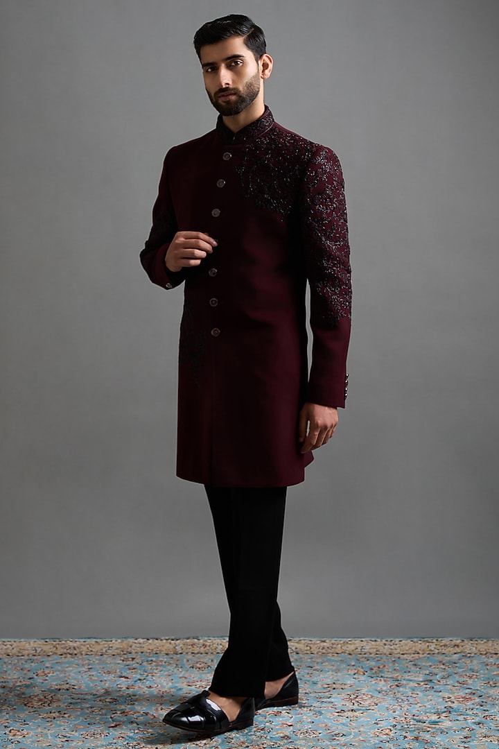Deep Maroon Polyester Hand Embroidered Wedding Indowestern Set by Gargee Designers at Pernia's Pop Up Shop