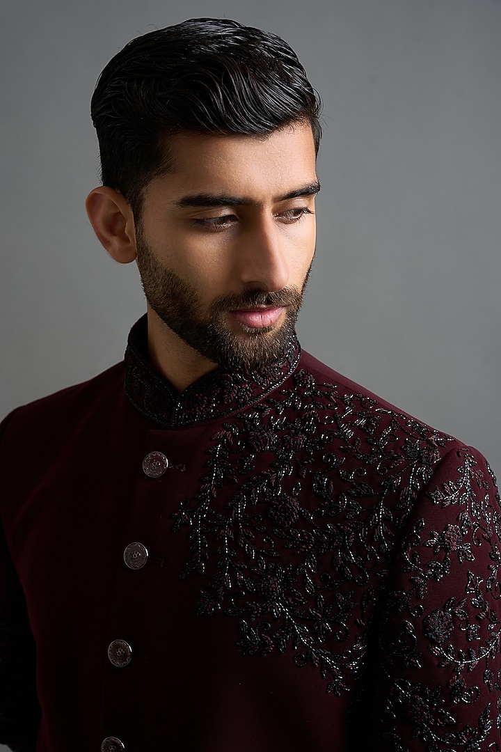 Deep Maroon Polyester Hand Embroidered Wedding Indowestern Set by Gargee Designers at Pernia's Pop Up Shop