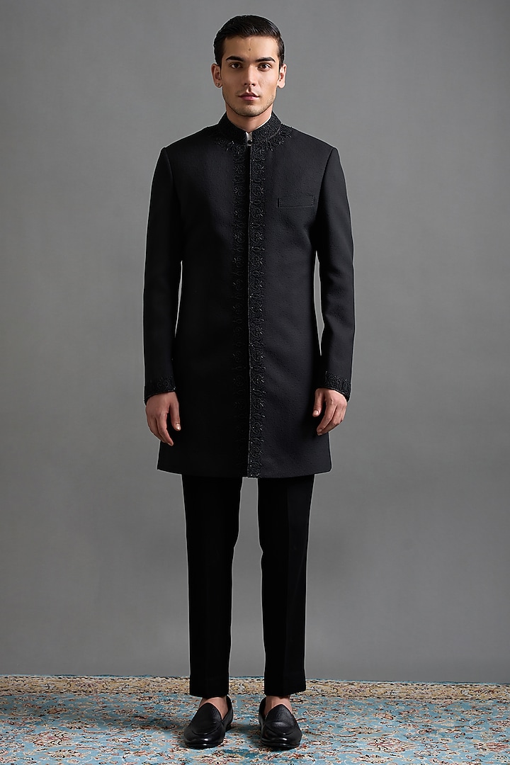 Black Jacquard Hand Embroidered Wedding Indowestern Set by Gargee Designers at Pernia's Pop Up Shop