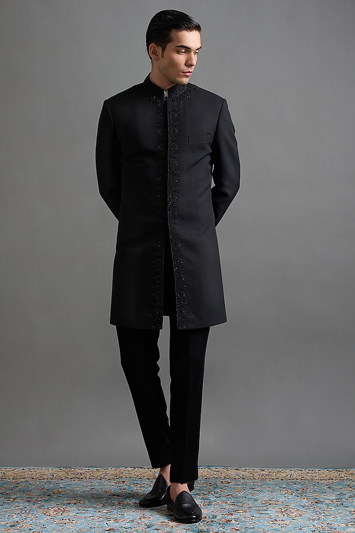 Black Jacquard Hand Embroidered Wedding Indowestern Set by Gargee Designers at Pernia's Pop Up Shop