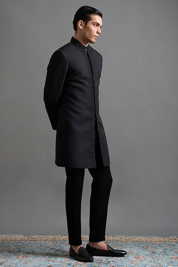 Black Jacquard Hand Embroidered Wedding Indowestern Set by Gargee Designers at Pernia's Pop Up Shop