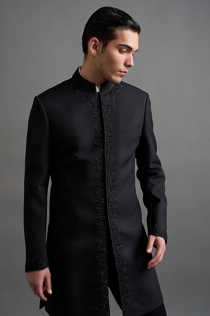 Black Jacquard Hand Embroidered Wedding Indowestern Set by Gargee Designers at Pernia's Pop Up Shop