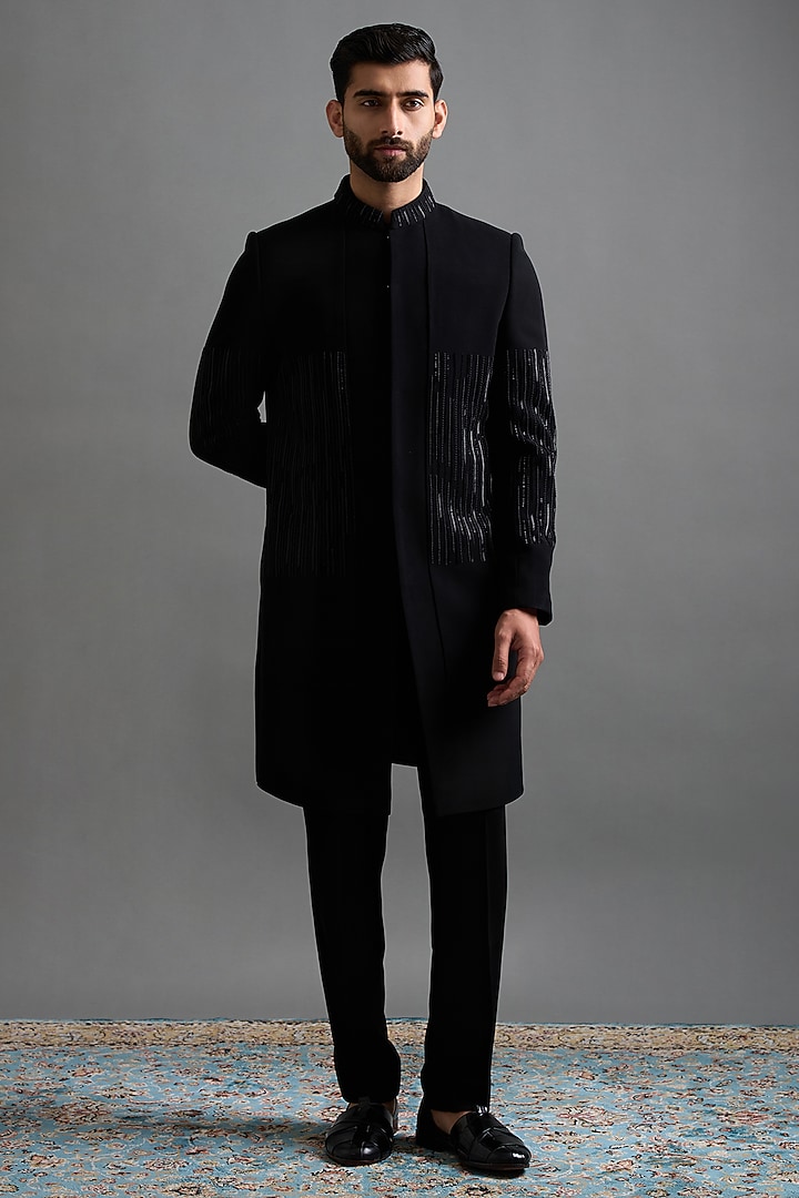 Black Polyester Cutdana Work Wedding Indowestern Set by Gargee Designers at Pernia's Pop Up Shop