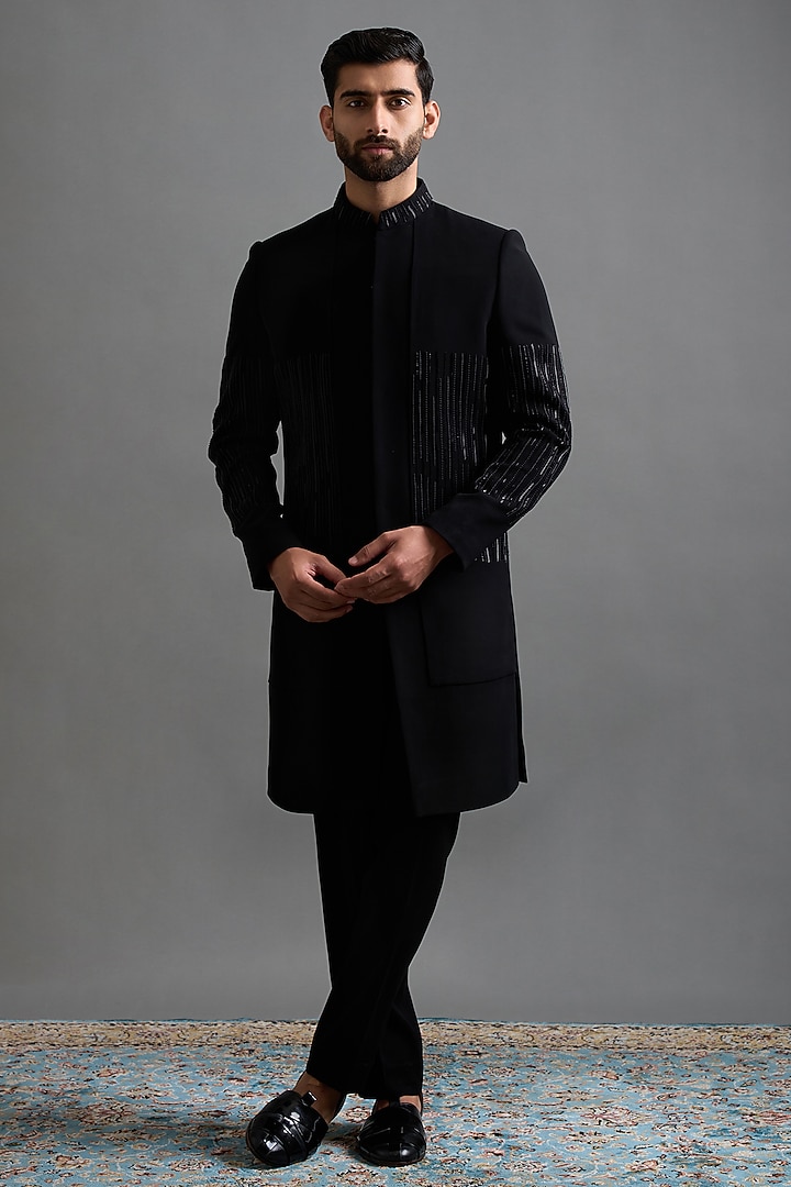 Black Polyester Cutdana Work Wedding Indowestern Set by Gargee Designers at Pernia's Pop Up Shop