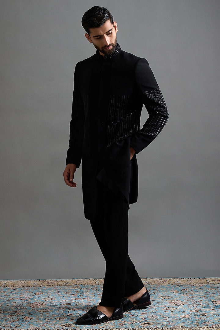 Black Polyester Cutdana Work Wedding Indowestern Set by Gargee Designers at Pernia's Pop Up Shop