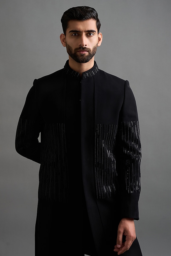 Black Polyester Cutdana Work Wedding Indowestern Set by Gargee Designers at Pernia's Pop Up Shop