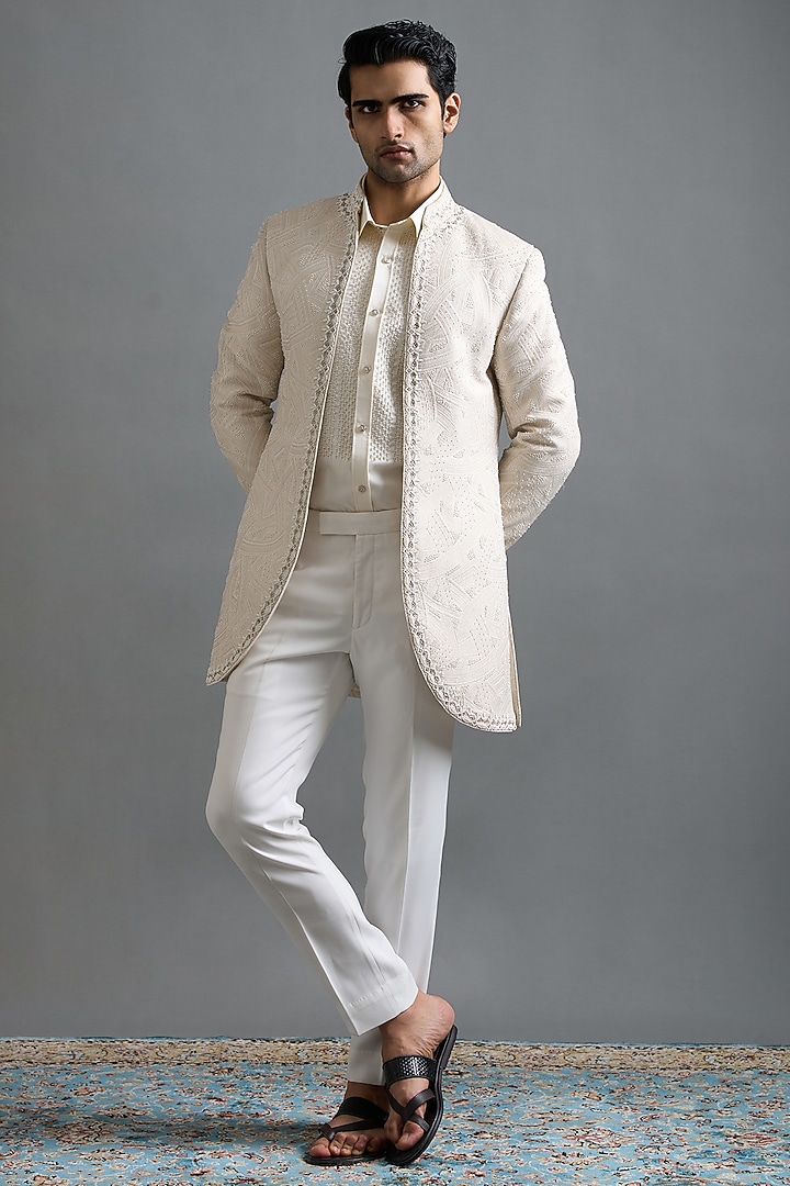 Ivory Polyester Hand Embroidered Wedding Indowestern Set by Gargee Designers at Pernia's Pop Up Shop