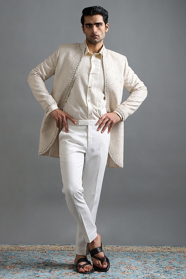 Ivory Polyester Hand Embroidered Wedding Indowestern Set by Gargee Designers at Pernia's Pop Up Shop