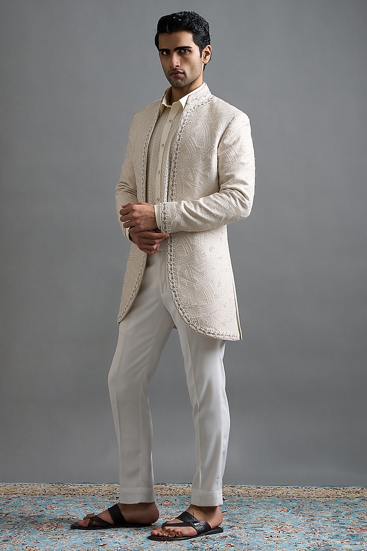 Ivory Polyester Hand Embroidered Wedding Indowestern Set by Gargee Designers at Pernia's Pop Up Shop