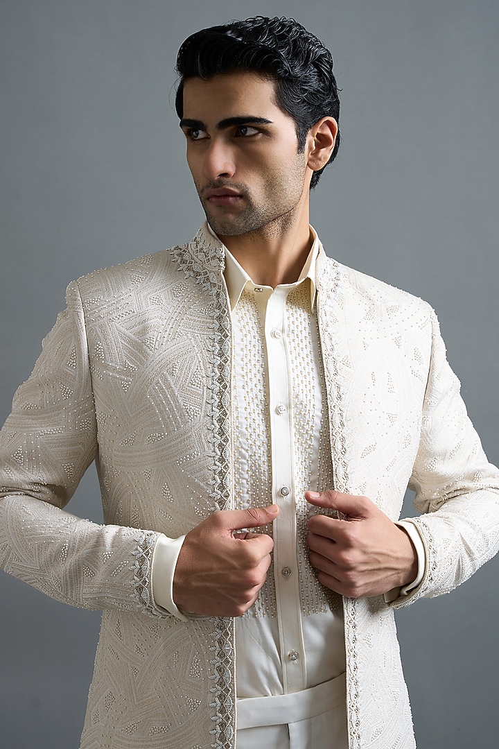 Ivory Polyester Hand Embroidered Wedding Indowestern Set by Gargee Designers at Pernia's Pop Up Shop